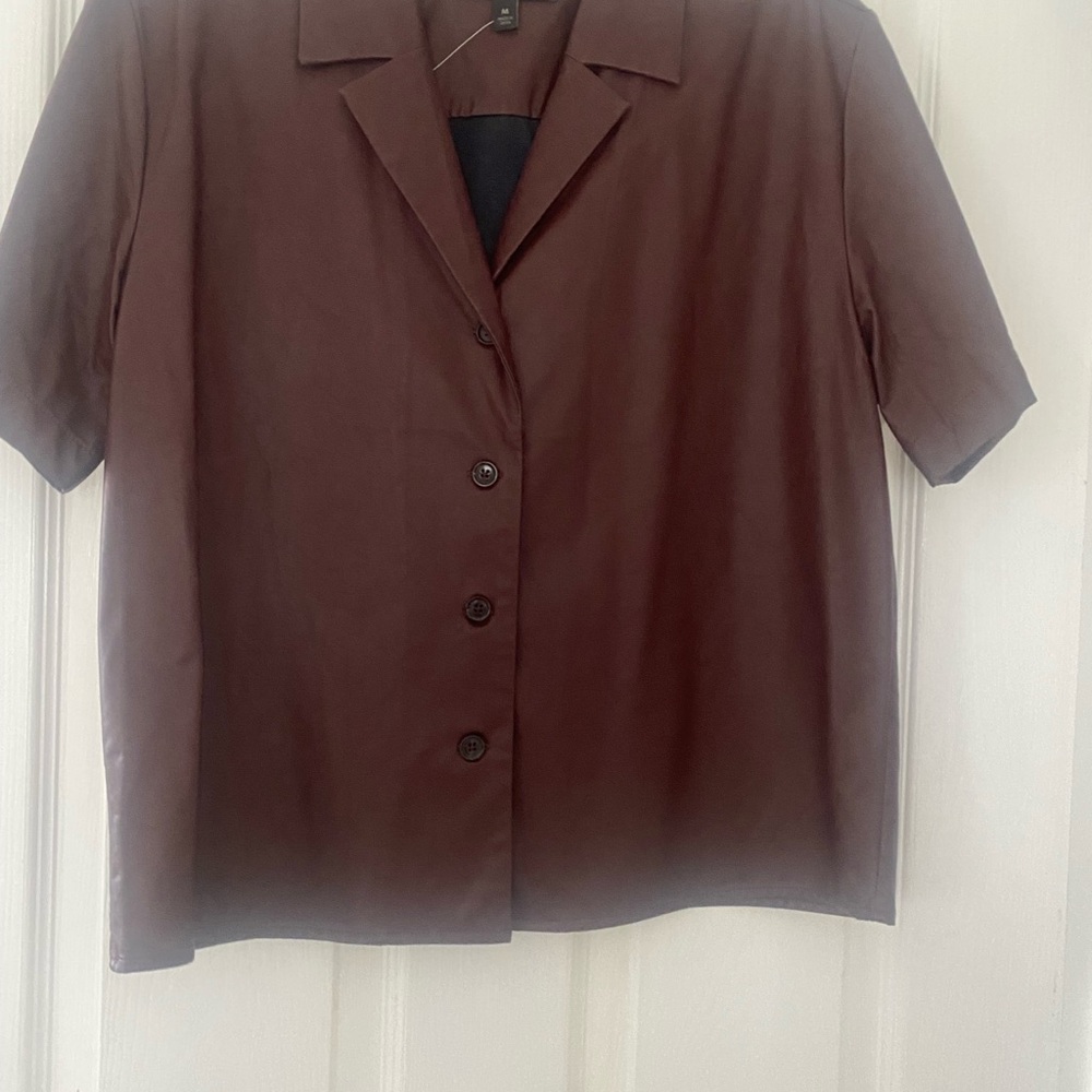 Fax leather short sleeve shirt size medium dark burgundy. Banana Republic.